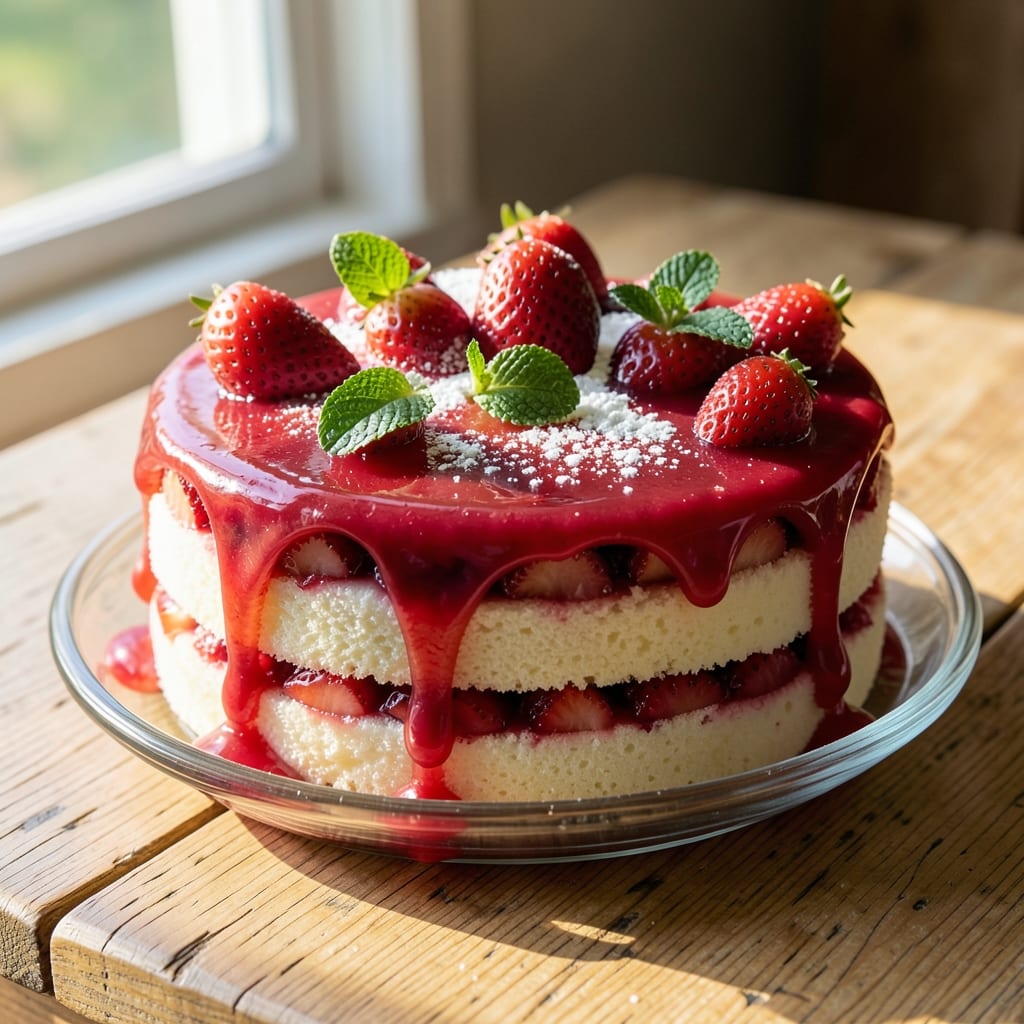 Ambrosia Fresh Strawberry Cake Recipe: Layers of Creamy Cheesecake and Juicy Berries