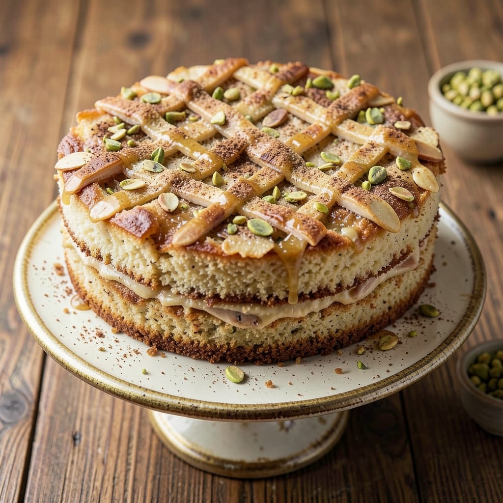 Almond Cake with Cardamom and Pistachio Recipe: Nutty-Flaked Crunch and Fragrant Layers