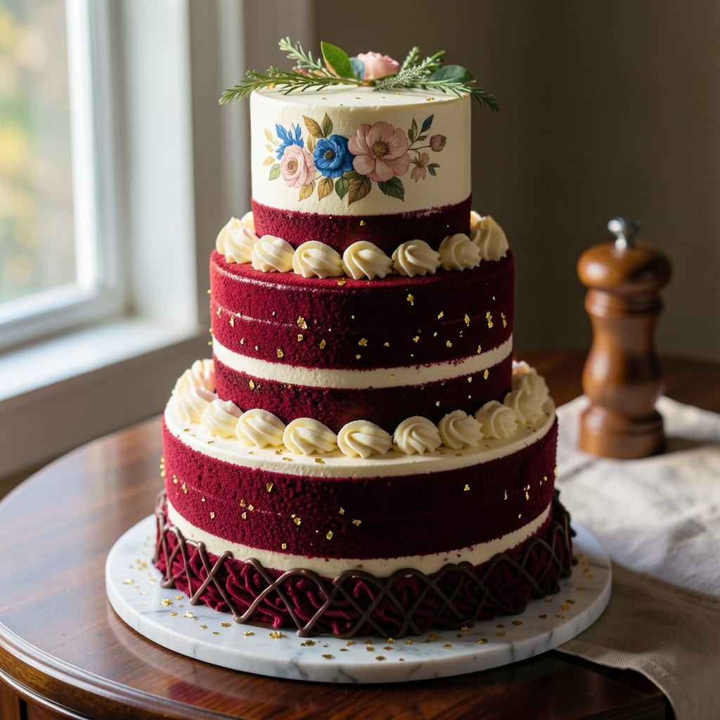 3-Tier Red Velvet Wedding Cake Recipe: Bold Chocolate Swirls and Cream Cheese Frosting Rivers